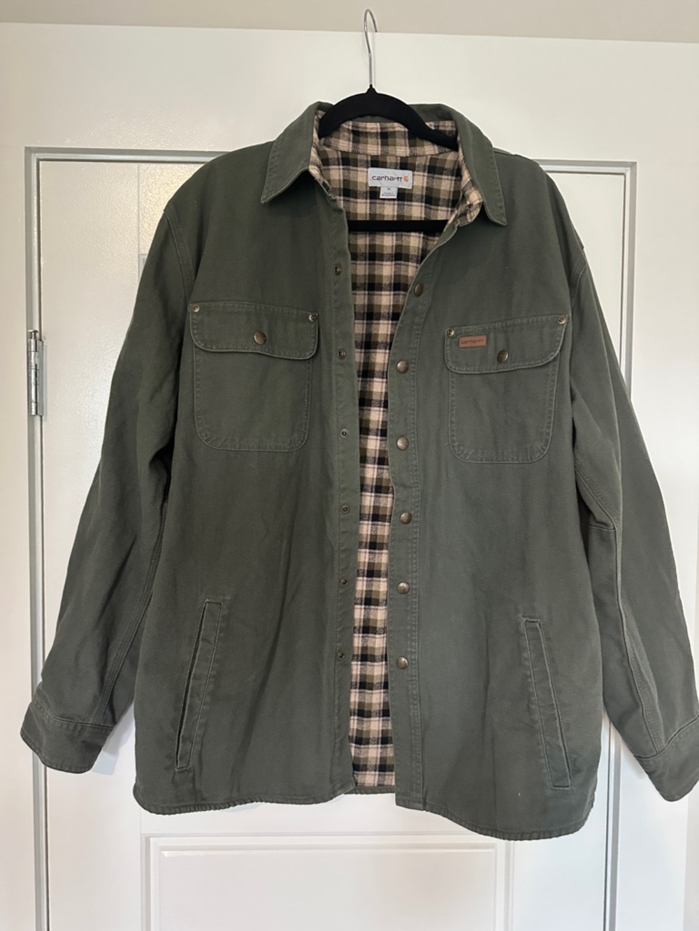 Carhartt Olive Green Lined Field Jacket with Plaid Interior